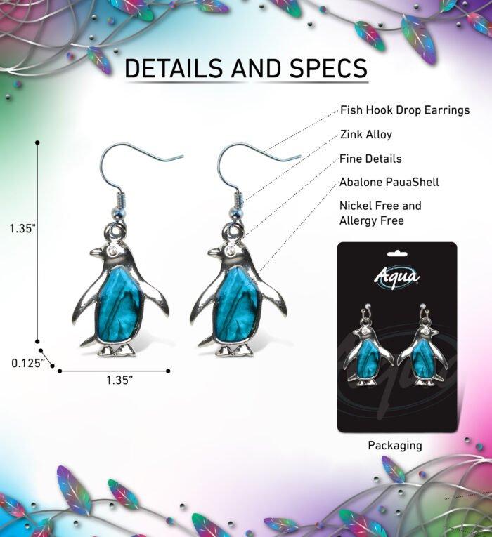Fish Hook Penguin - Aqua Jewelry - Earrings - Dangle Post - Image 2