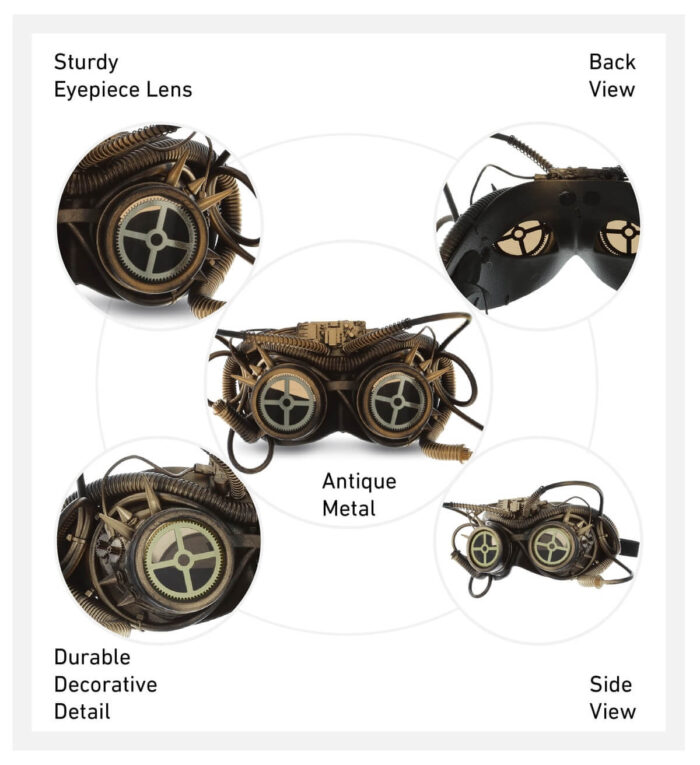 Metallic Mechanical Spiked Goggles Mask - Gold - Steampunk - Image 3