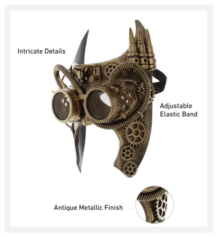 Metallic Gladiator Bat Mechanical Mask - Gold - Steampunk - Image 2