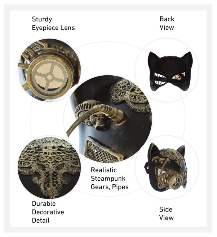 Metallic Venetian Masquerade Cat Mask - Antique Gold - Steampunk - Image 3