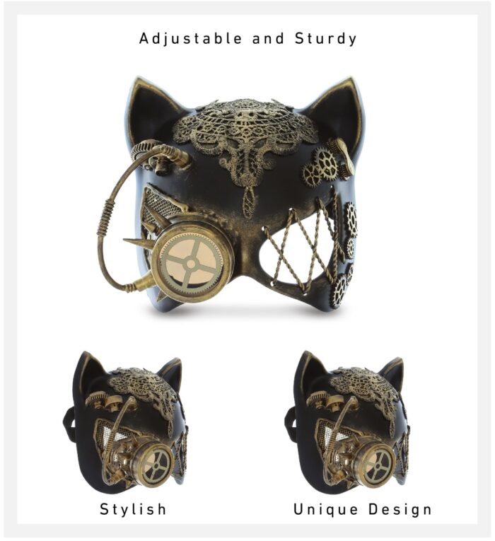 Metallic Venetian Masquerade Cat Mask - Antique Gold - Steampunk - Image 4