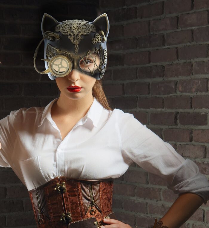 Metallic Venetian Masquerade Cat Mask - Antique Gold - Steampunk - Image 7