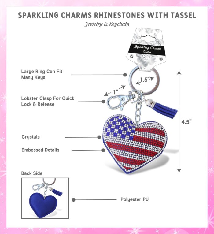 USA Flag Heart - Sparkling Rhinestones Charm With Tassel - Image 4