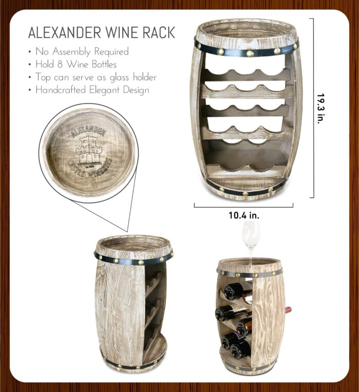 Wine Decor - Modern Alexander - 8 Bottles Wooden Holder - Barrel Shape - Image 2