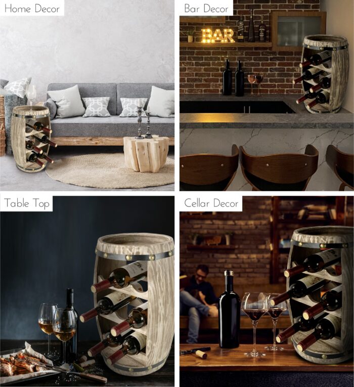 Wine Decor - Modern Alexander - 8 Bottles Wooden Holder - Barrel Shape - Image 3