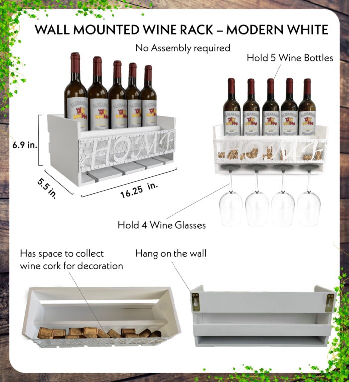 White Modern Wall Mounted Wine Rack - 5 Bottles - Wine Decor - Image 2