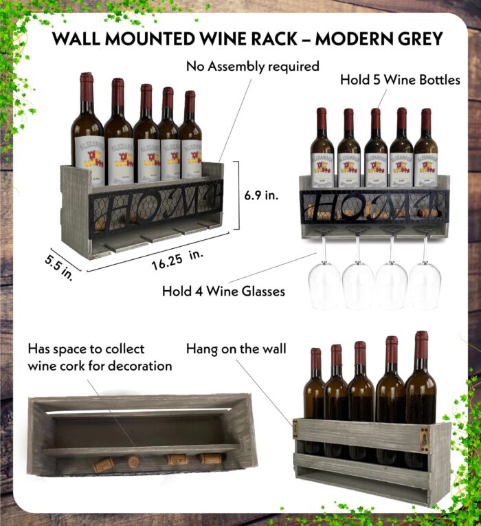 Grey Modern Wall Mounted Wine Rack - 5 Bottles - Wine Decor - Image 2