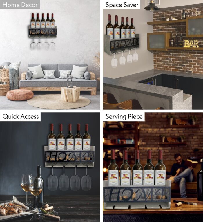 Grey Modern Wall Mounted Wine Rack - 5 Bottles - Wine Decor - Image 3