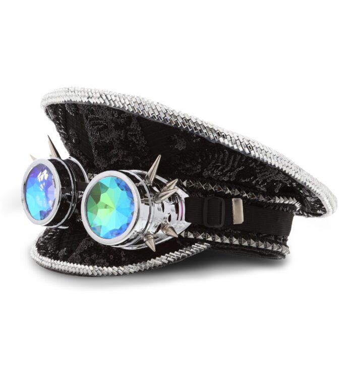 Captain Sequin Hat With Goggles - Black - Steampunk