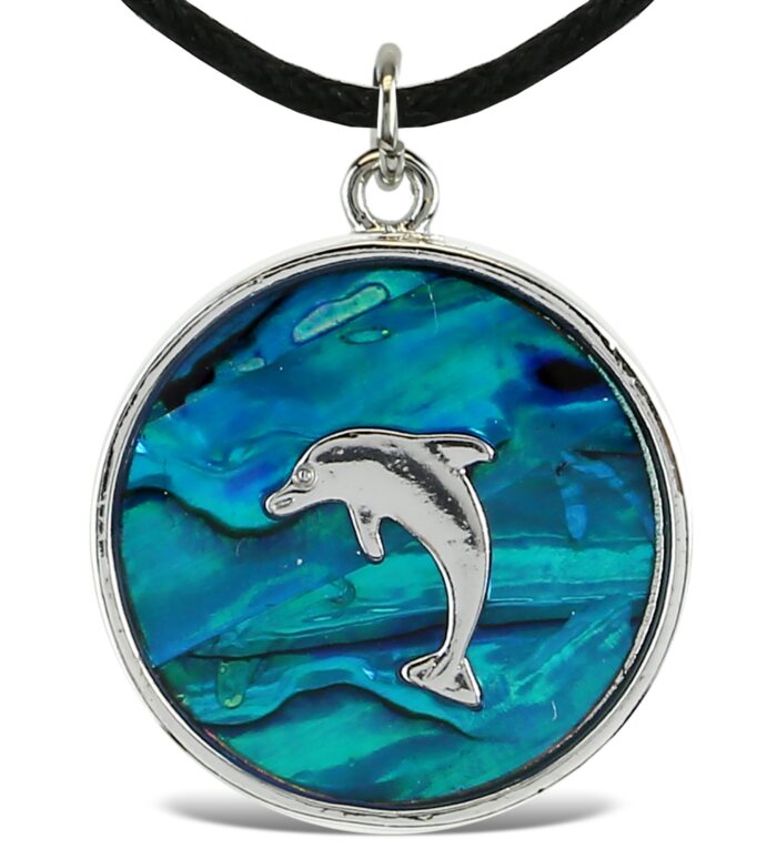 Necklace - Black Cord 18" - Circle Natural Paua - Dolphin - Aqua79 Jewelry