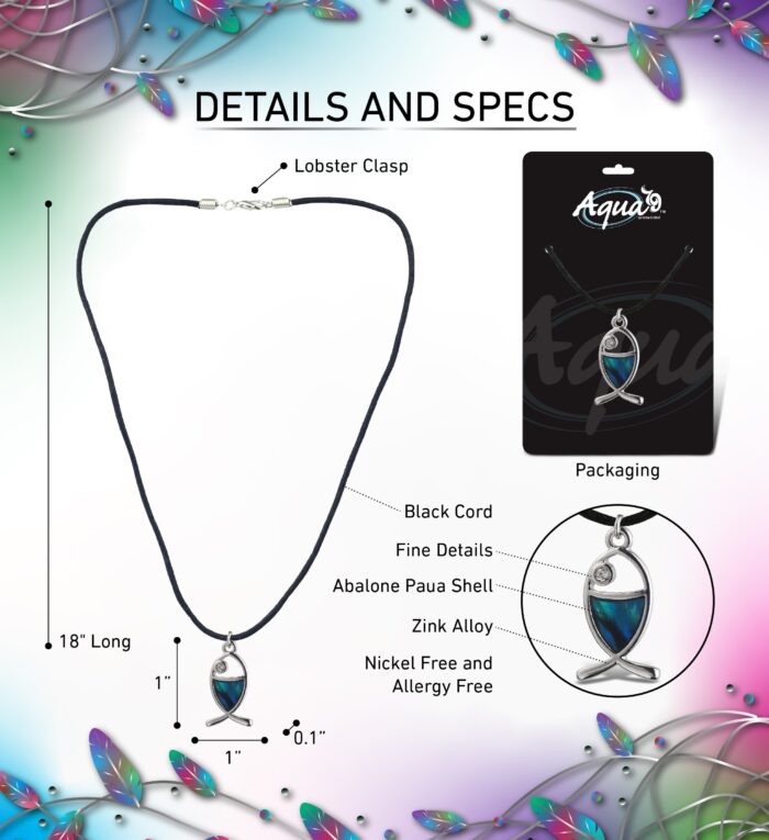 Necklace - Black Cord 18" - Blue Paua - Christian Fish - Aqua79 Jewelry - Image 2