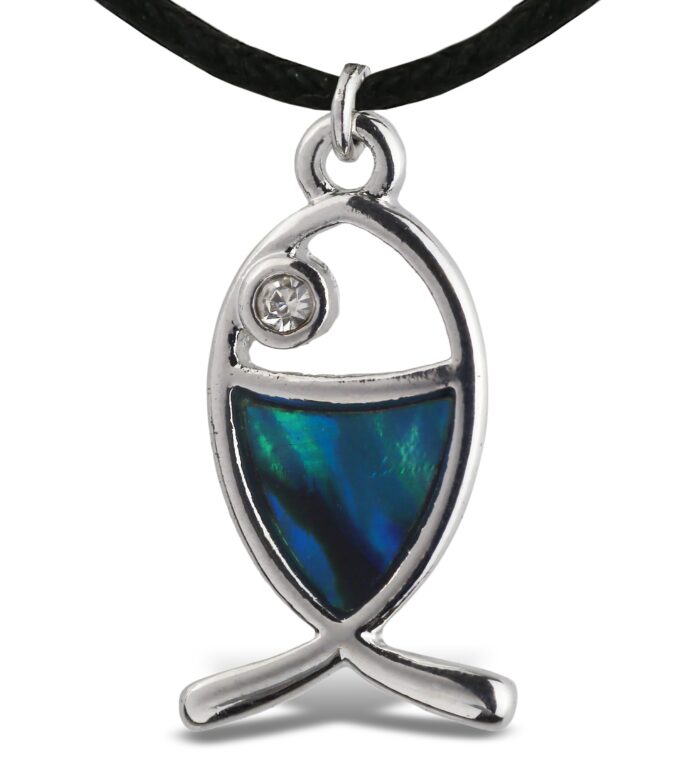 Necklace - Black Cord 18" - Blue Paua - Christian Fish - Aqua79 Jewelry