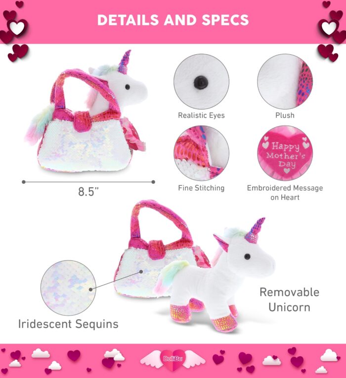 DolliBu Happy Mother's Day Pink Unicorn Plush Pet Carrier - Cute Stuffed Animal Purse with Pink Heart Message for Best Mommy, Grandma, Wife, Daughter - Cute Unicorn Plush Handbag Gift - 9" Inches - Image 2