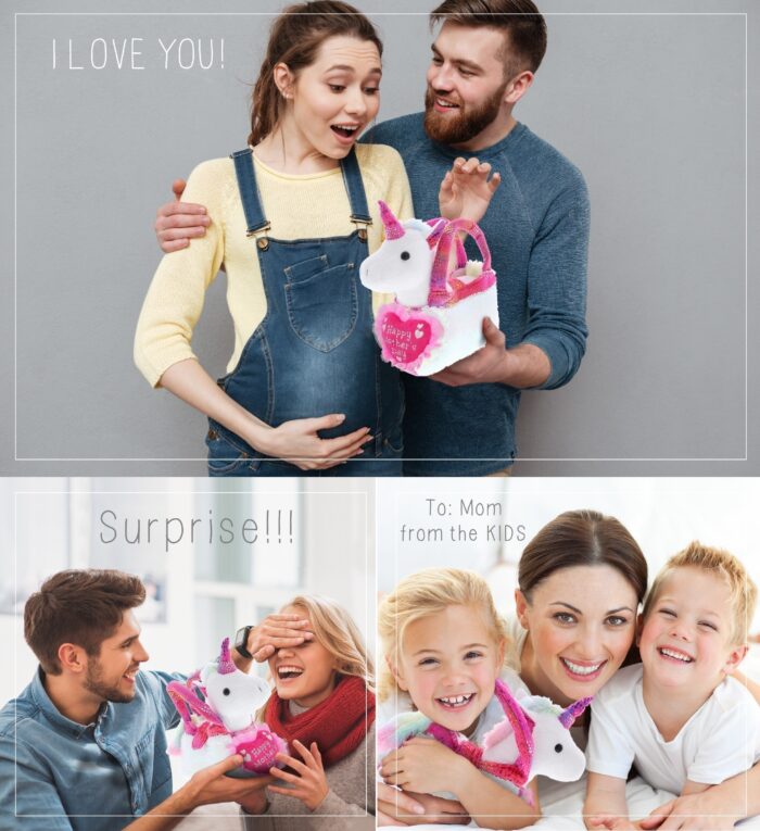DolliBu Happy Mother's Day Pink Unicorn Plush Pet Carrier - Cute Stuffed Animal Purse with Pink Heart Message for Best Mommy, Grandma, Wife, Daughter - Cute Unicorn Plush Handbag Gift - 9" Inches - Image 3