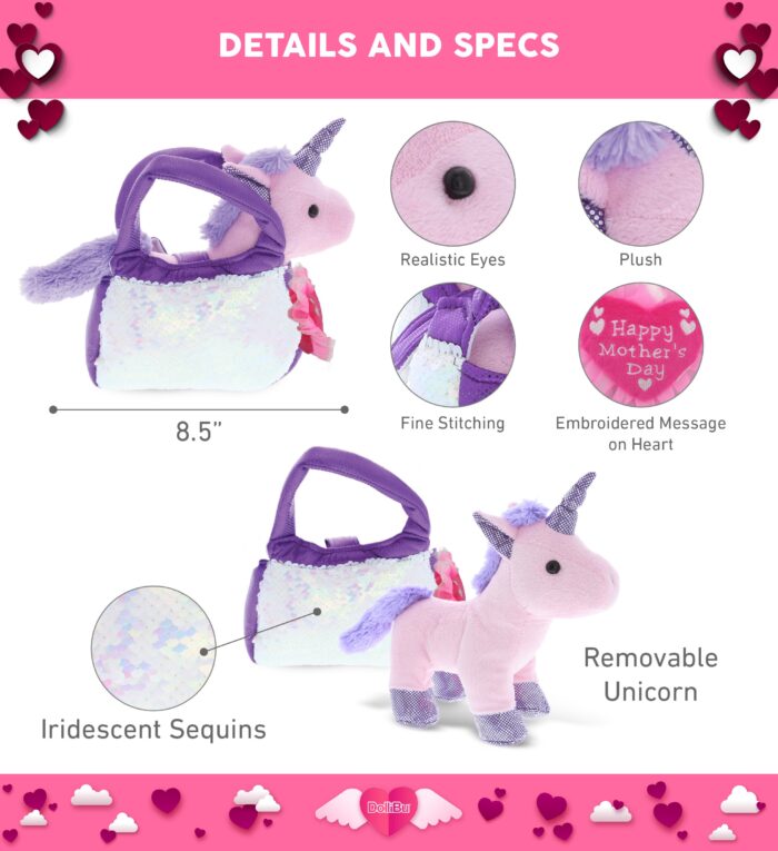 DolliBu Happy Mother's Day Purple Unicorn Plush Pet Carrier - Cute Stuffed Animal Purse with Pink Heart Message for Best Mommy, Grandma, Wife, Daughter - Cute Unicorn Plush Handbag Gift - 9" Inches - Image 2