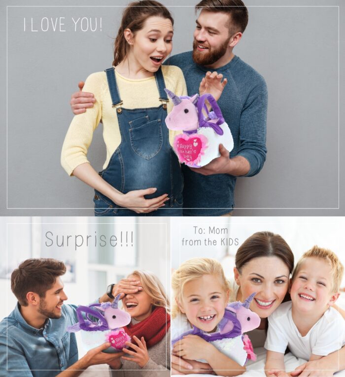 DolliBu Happy Mother's Day Purple Unicorn Plush Pet Carrier - Cute Stuffed Animal Purse with Pink Heart Message for Best Mommy, Grandma, Wife, Daughter - Cute Unicorn Plush Handbag Gift - 9" Inches - Image 3