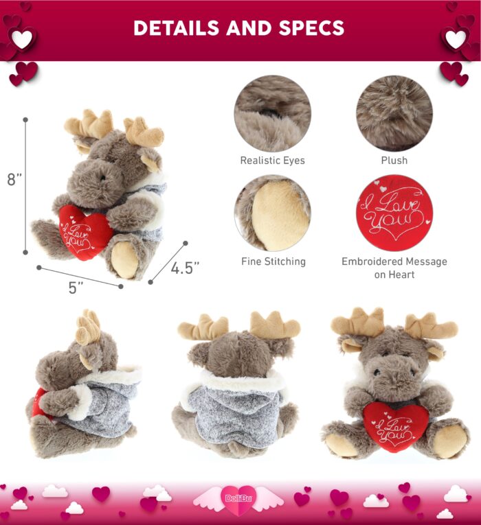 I Love You Valentines - Sitting Moose With Grey Hooded Sweater - Super Soft Plush - Image 2