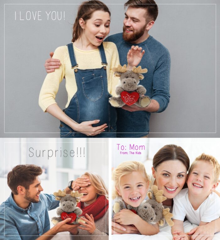 I Love You Valentines - Sitting Moose With Grey Hooded Sweater - Super Soft Plush - Image 3