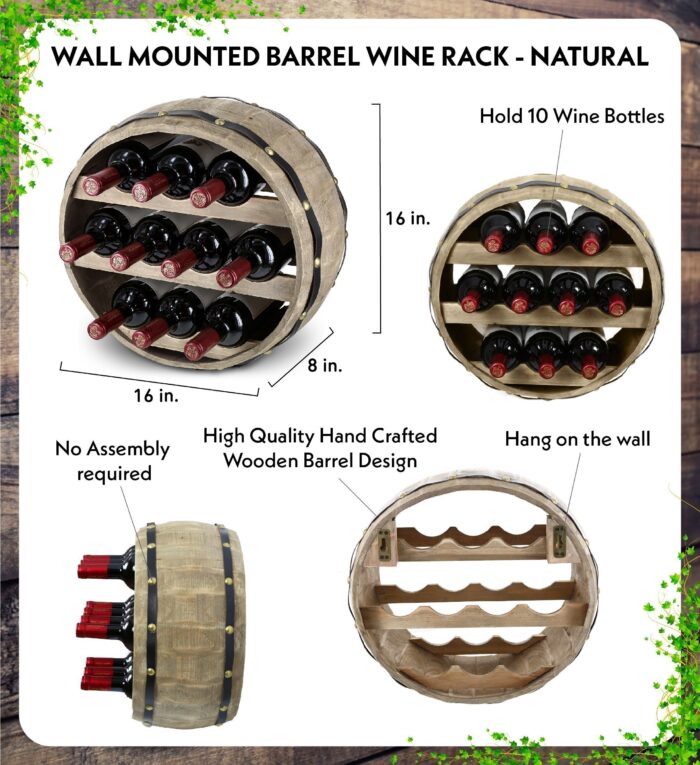 Natural Wood Industrial Wall Mounted Barrel Wine Rack - 10 Bottles - Wine Décor - Image 2