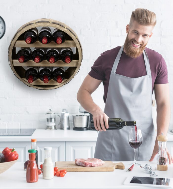 Natural Wood Industrial Wall Mounted Barrel Wine Rack - 10 Bottles - Wine Décor - Image 7