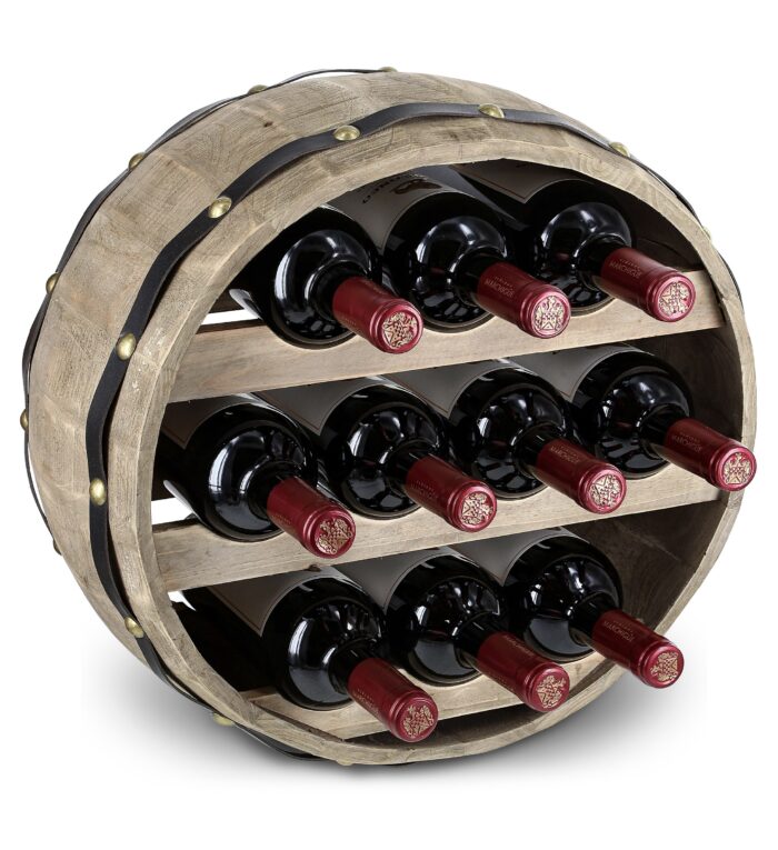 Natural Wood Industrial Wall Mounted Barrel Wine Rack - 10 Bottles - Wine Décor