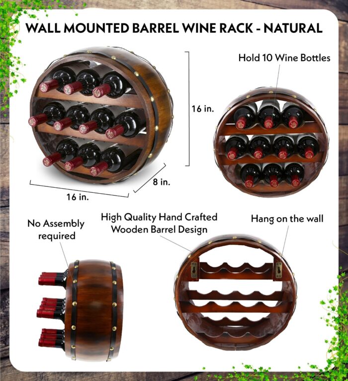 Vintage Wall Mounted Barrel Wine Rack - 10 Bottles - Wine Décor - Image 2