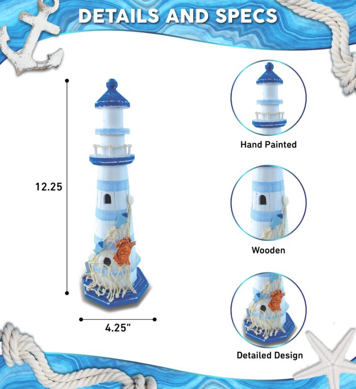 Light Blue Stripes Lighthouse W/Crab - Nautical Decor - Image 2