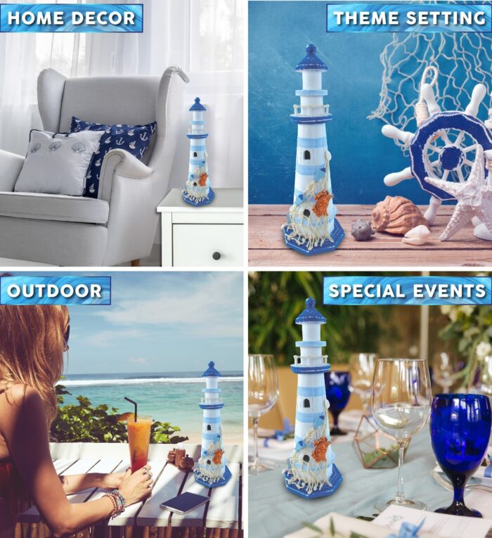 Light Blue Stripes Lighthouse W/Crab - Nautical Decor - Image 3