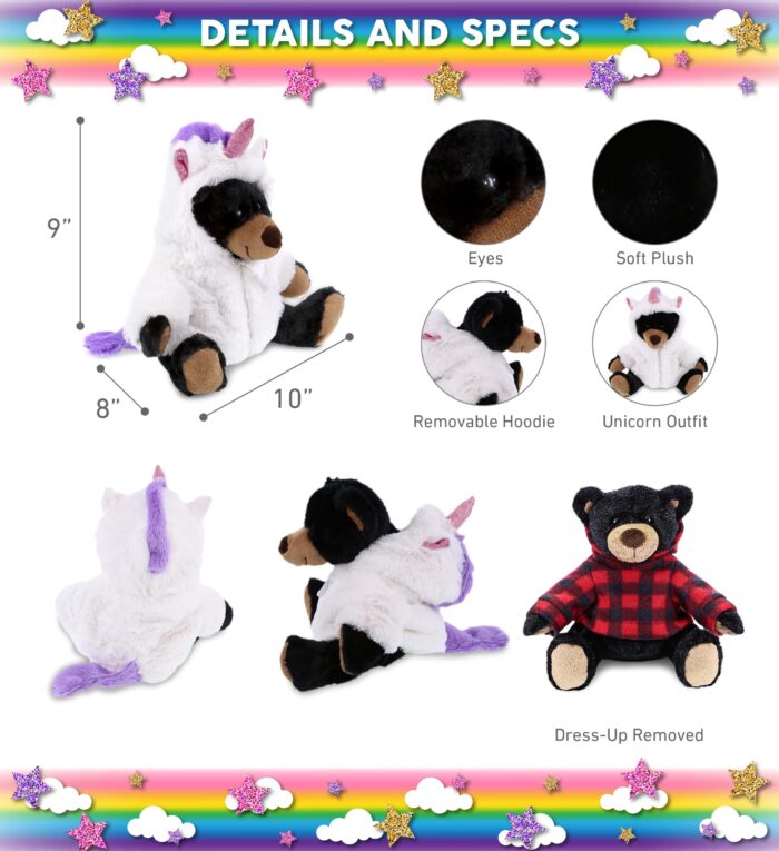 Black Bear With Unicorn Dress Up Set - Super Soft Plush With Red Plaid Hoodie - Image 2