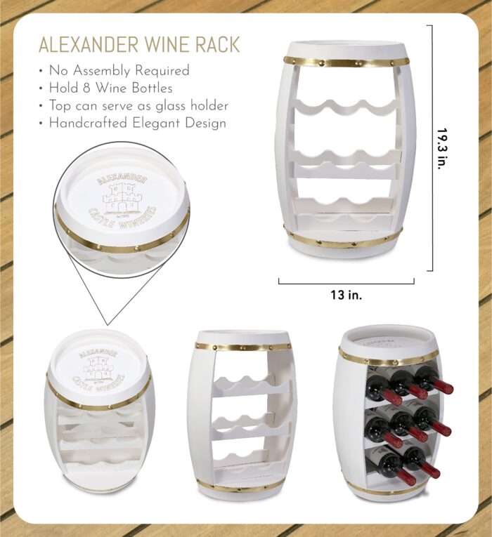 White & Gold Alexander - 8 Bottles Wooden Holder - Barrel Shape - Wine Décor - Image 2