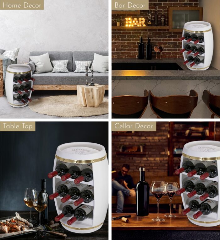 White & Gold Alexander - 8 Bottles Wooden Holder - Barrel Shape - Wine Décor - Image 3