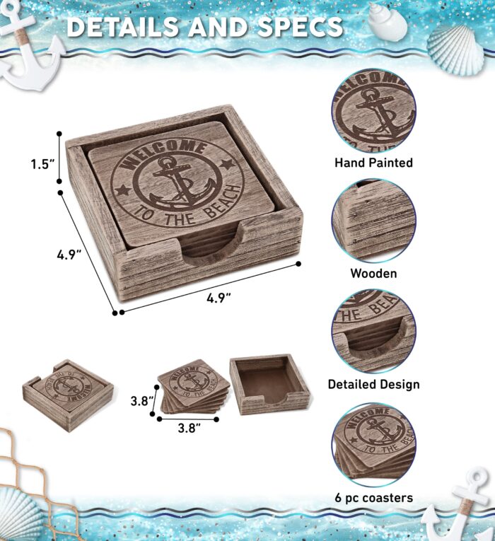 Driftwood Anchor Coasters 6Pc Set - Nautical - Image 2