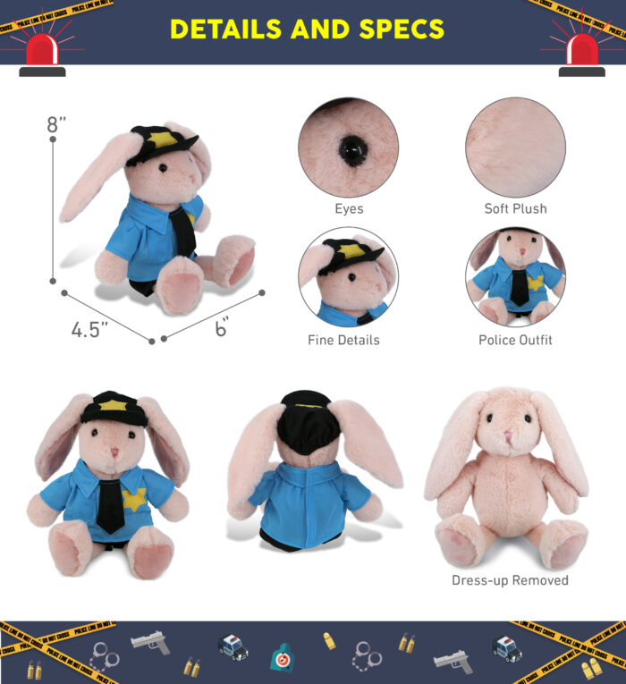 Baby Pink Rabbit 8" With Police Dress Up Set  - Super-Soft Plush - Image 2