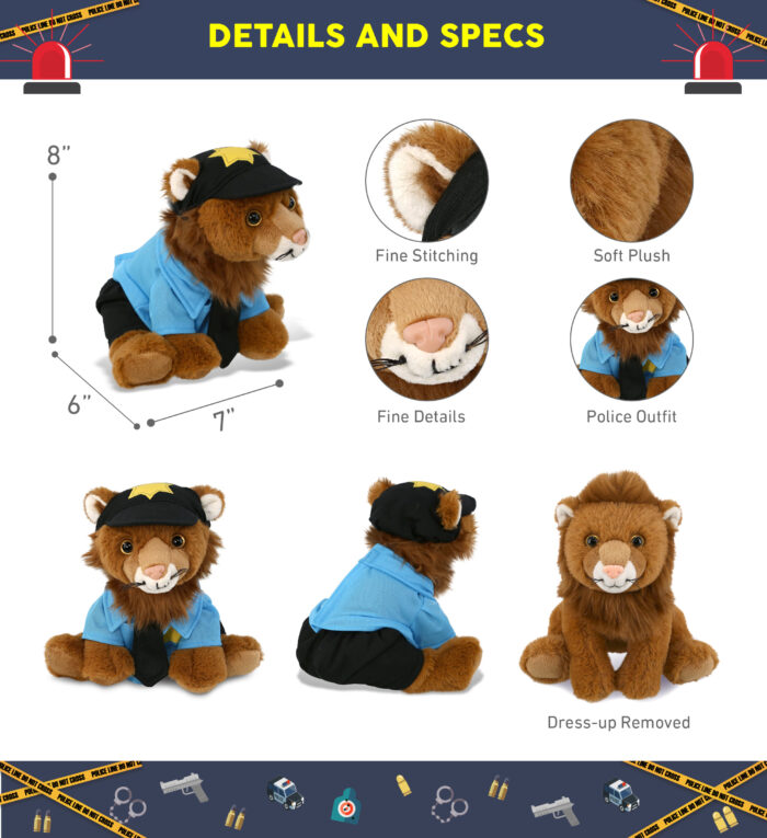 Squat Lion 8" With Police Dress Up Set  - Super-Soft Plush - Image 2