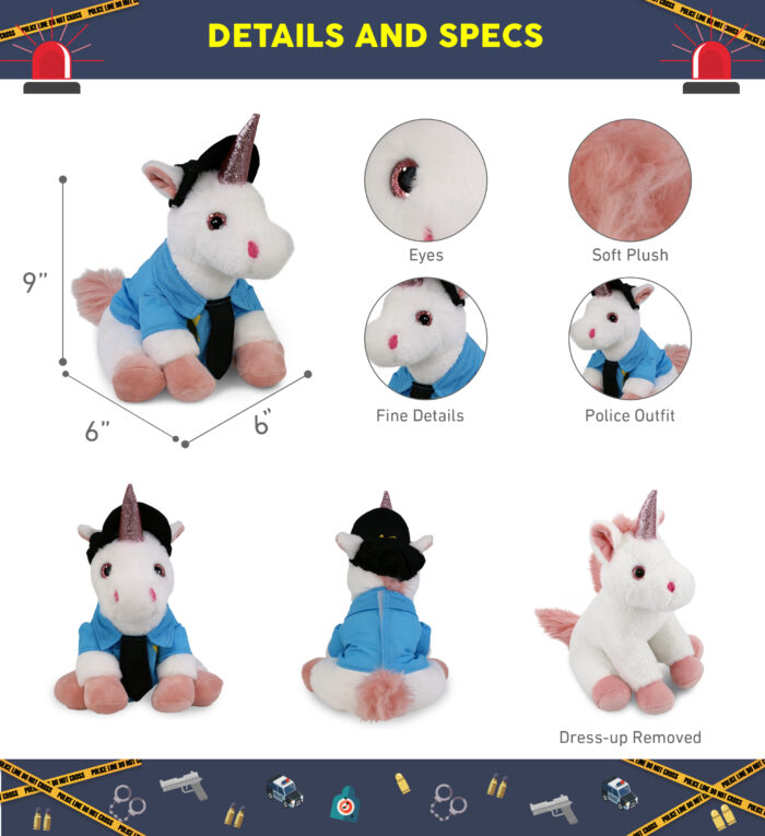 White Unicorn 9" With Police Dress Up Set  - Super-Soft Plush - Image 2
